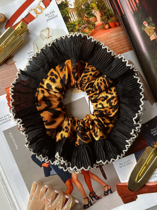Mini Oversized Leopard Print Scrunchie with a Black Frill Trim