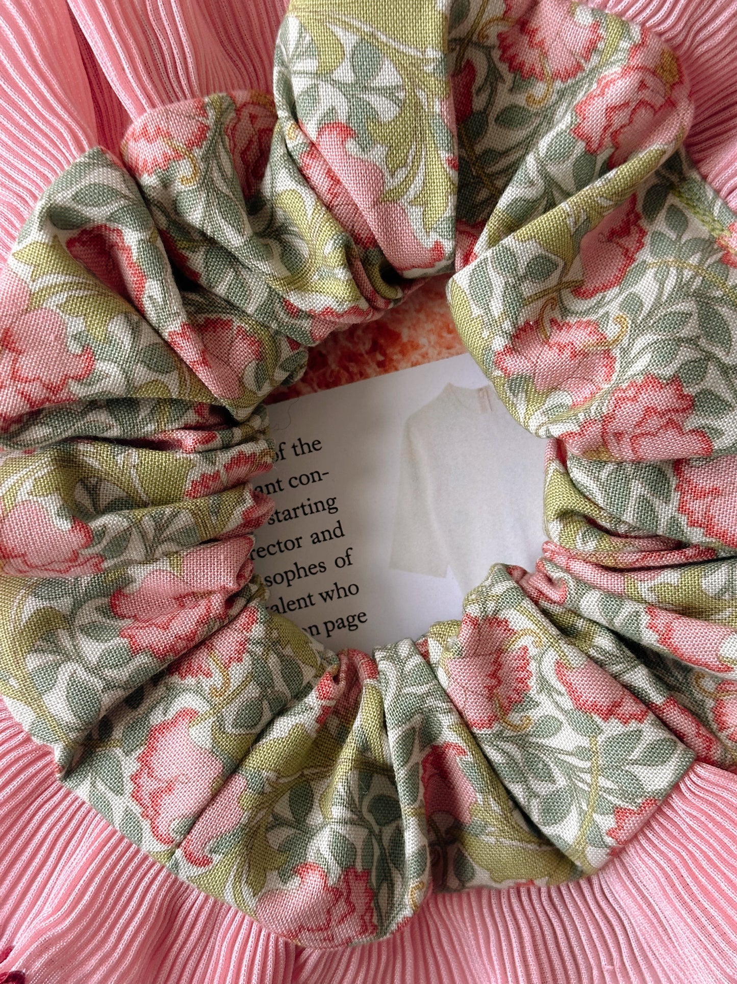 XL Victorian Floral Scrunchie with Pink and Red Frill Trim