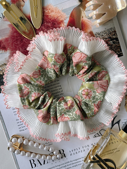 XL Victorian Floral Scrunchie with White and Pink Frill Trim