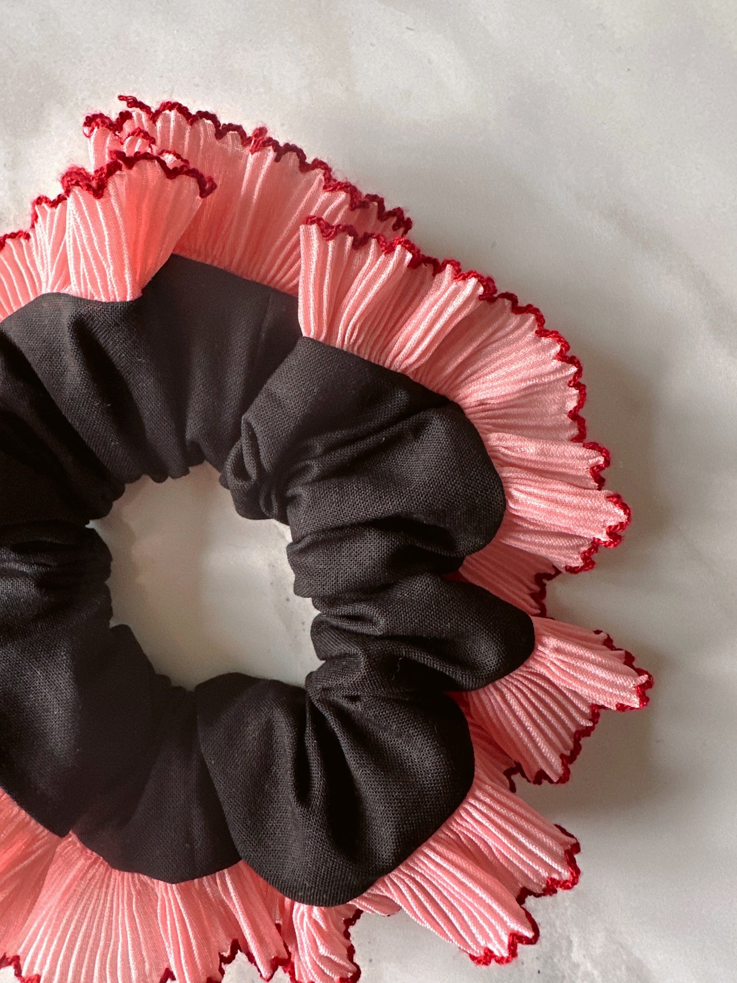 Handmade XL Black Cotton Scrunchie with Pink Frill Trim