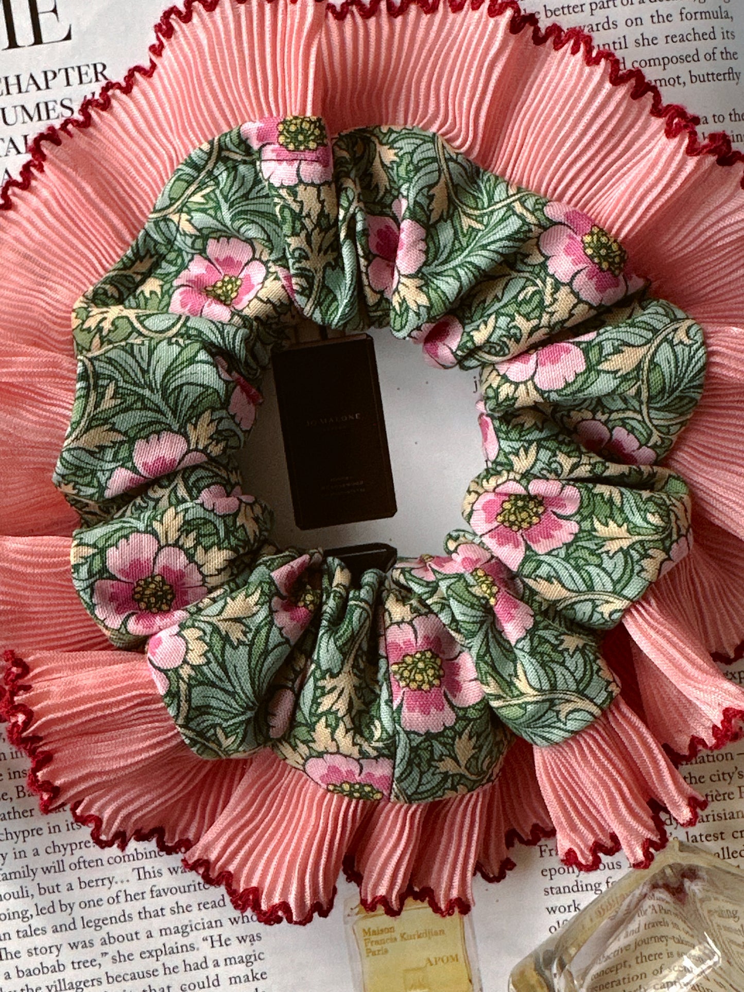 XL Floral Scrunchie with Pink and Red Frill Trim