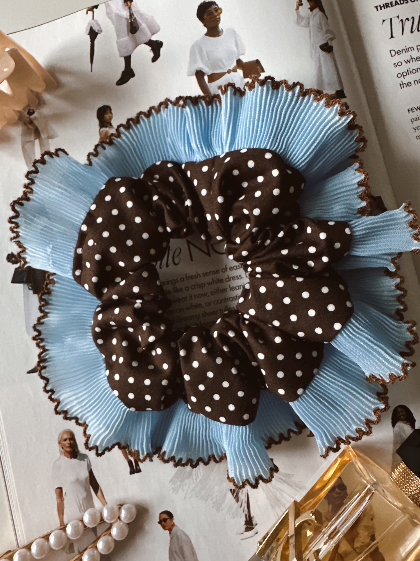Oversized Dark Brown Polkadot Scrunchie with Baby Blue Frill Trim