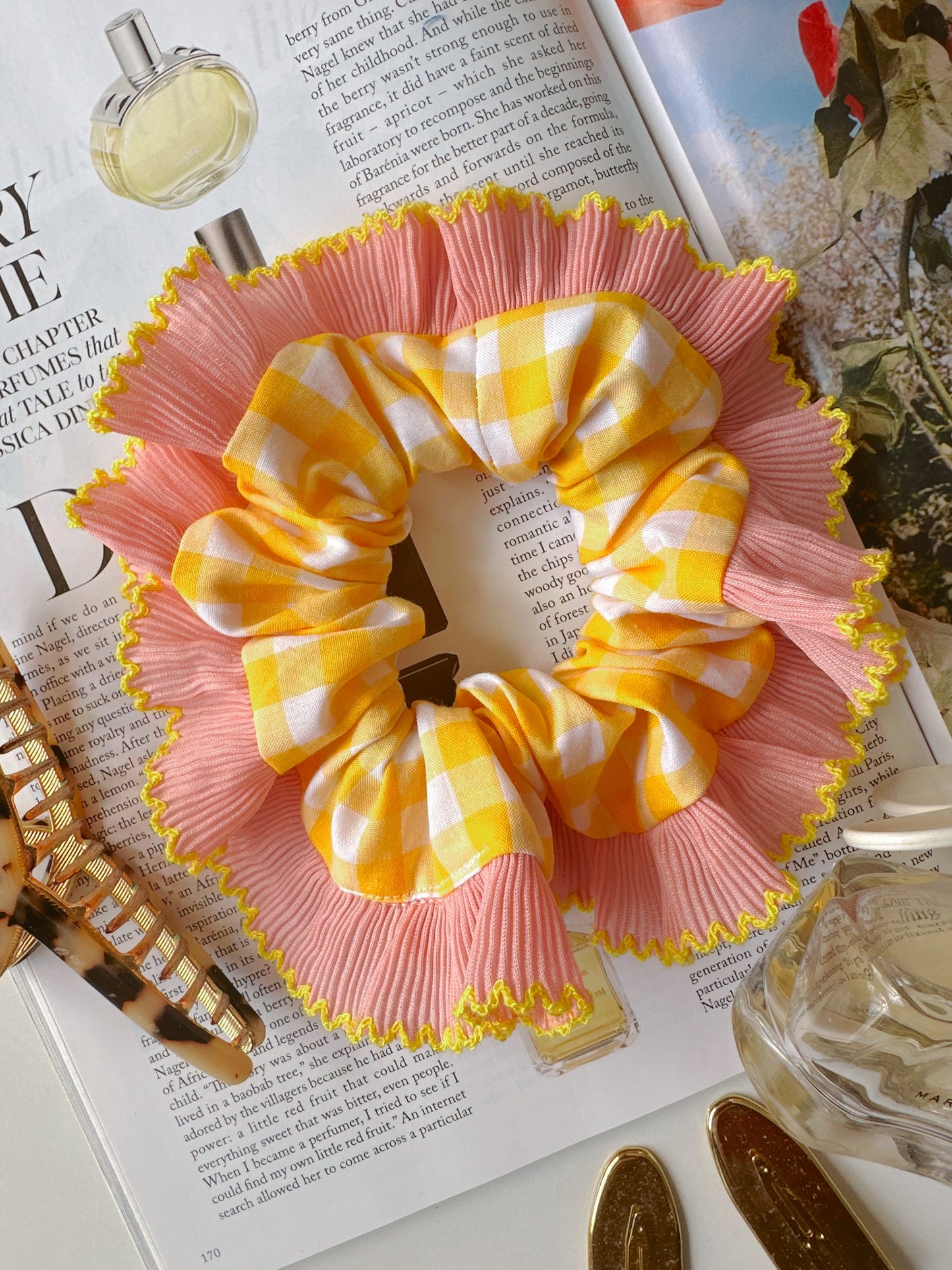 Handmade XL Yellow Gingham Scrunchie with Pink and Yellow Frill Trim