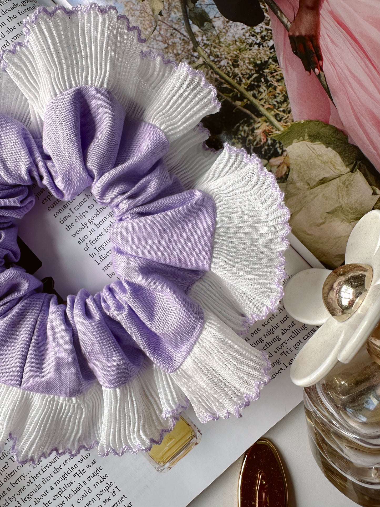 Handmade XL Lavender Purple Scrunchie with White and Purple Frill Trim