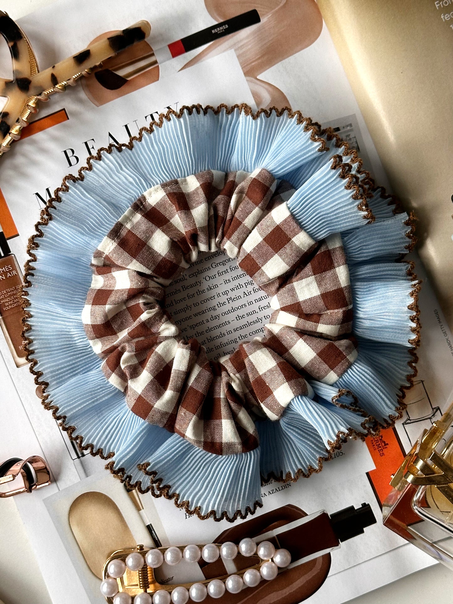 Handmade XL Brown Gingham Scrunchie with Blue and Brown Frill Trim