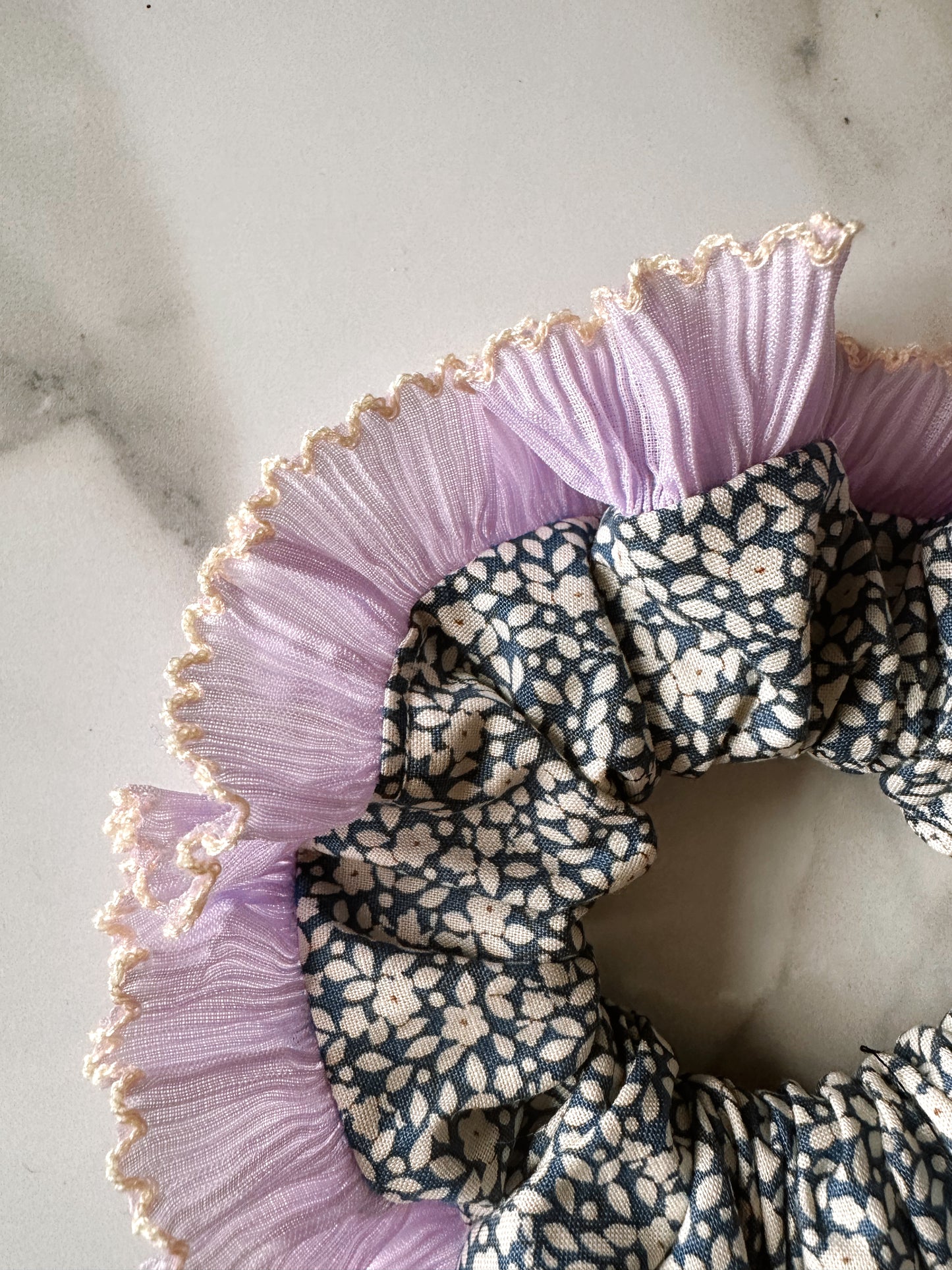XL Blue Floral Scrunchie with Purple and White Frill Trim
