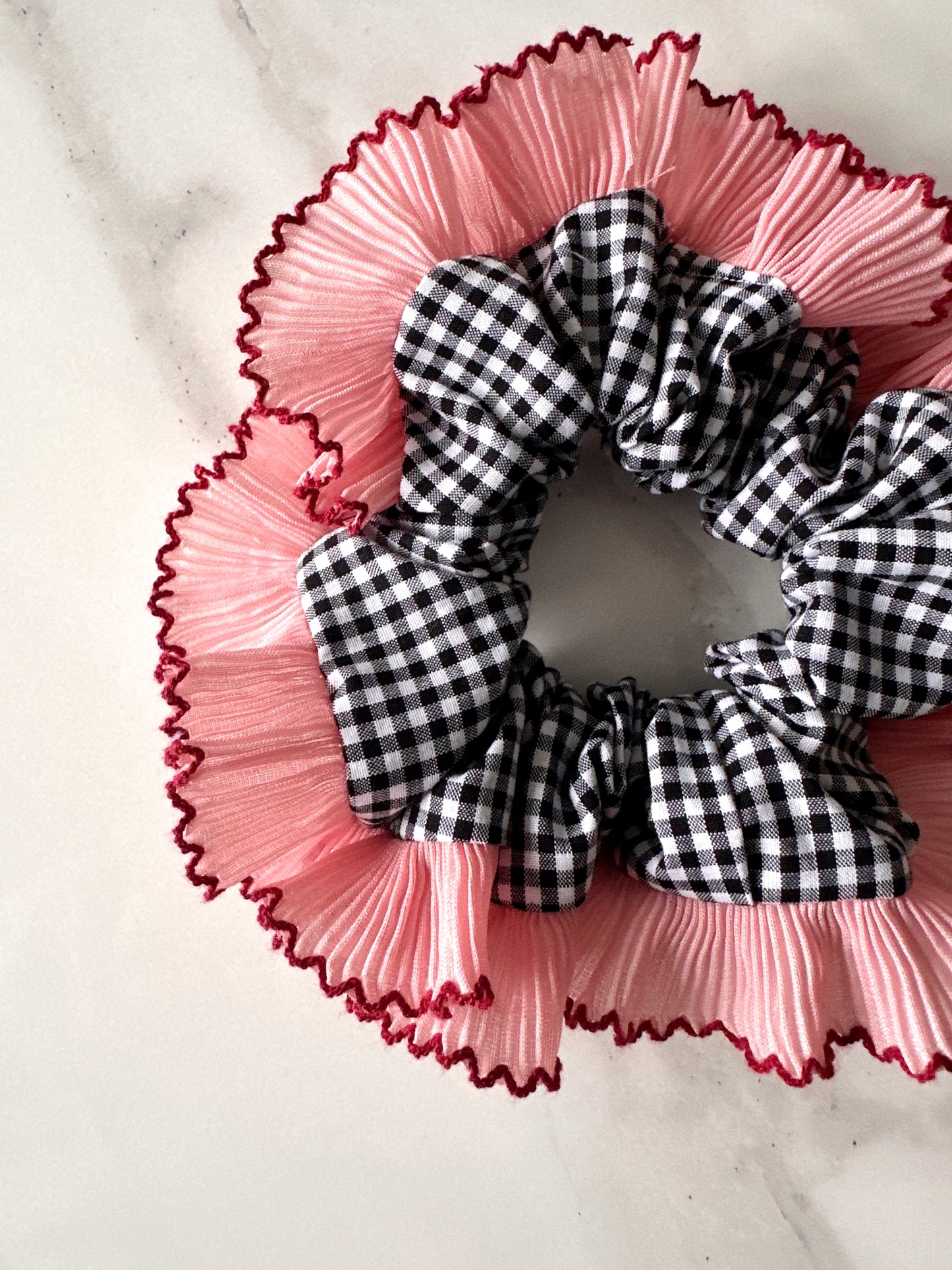 Handmade XL Black Gingham Scrunchie with Pink and Red Frill Trim