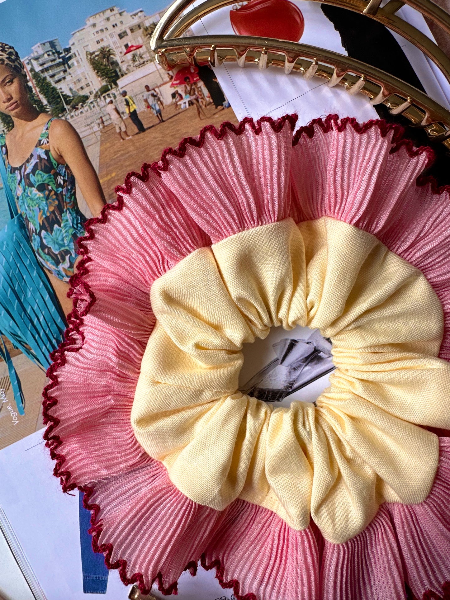 Mini Oversized Butter Yellow Scrunchie with Pink Frill Trim