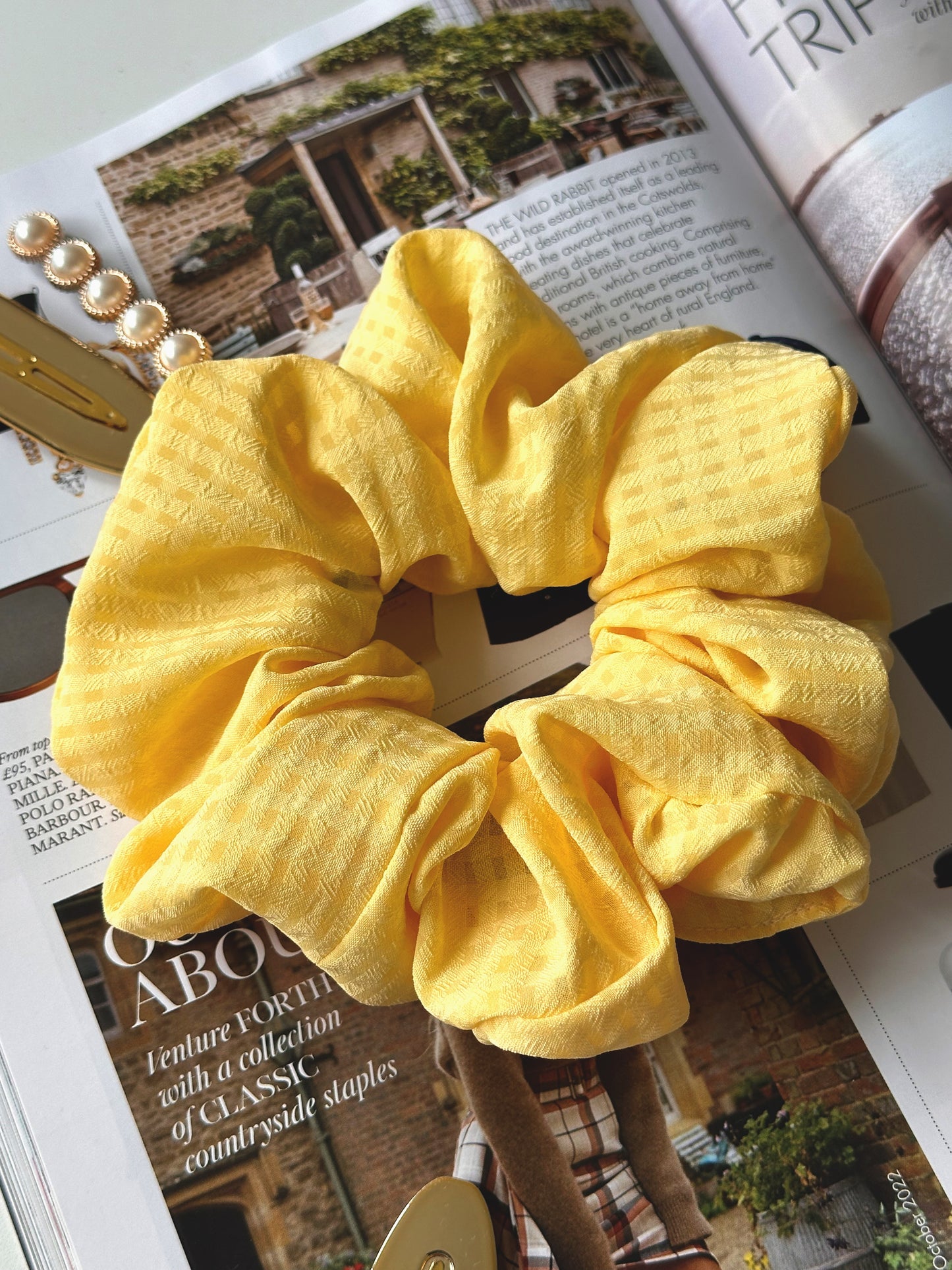 Handmade Butter Yellow Gingham Chiffon Scrunchie