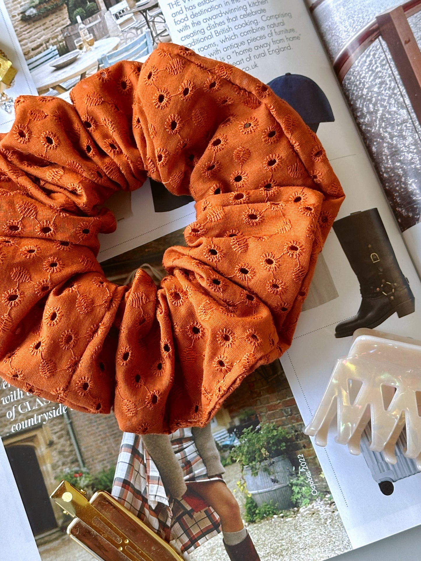 Handmade Rust Brown Embroidered Scrunchie