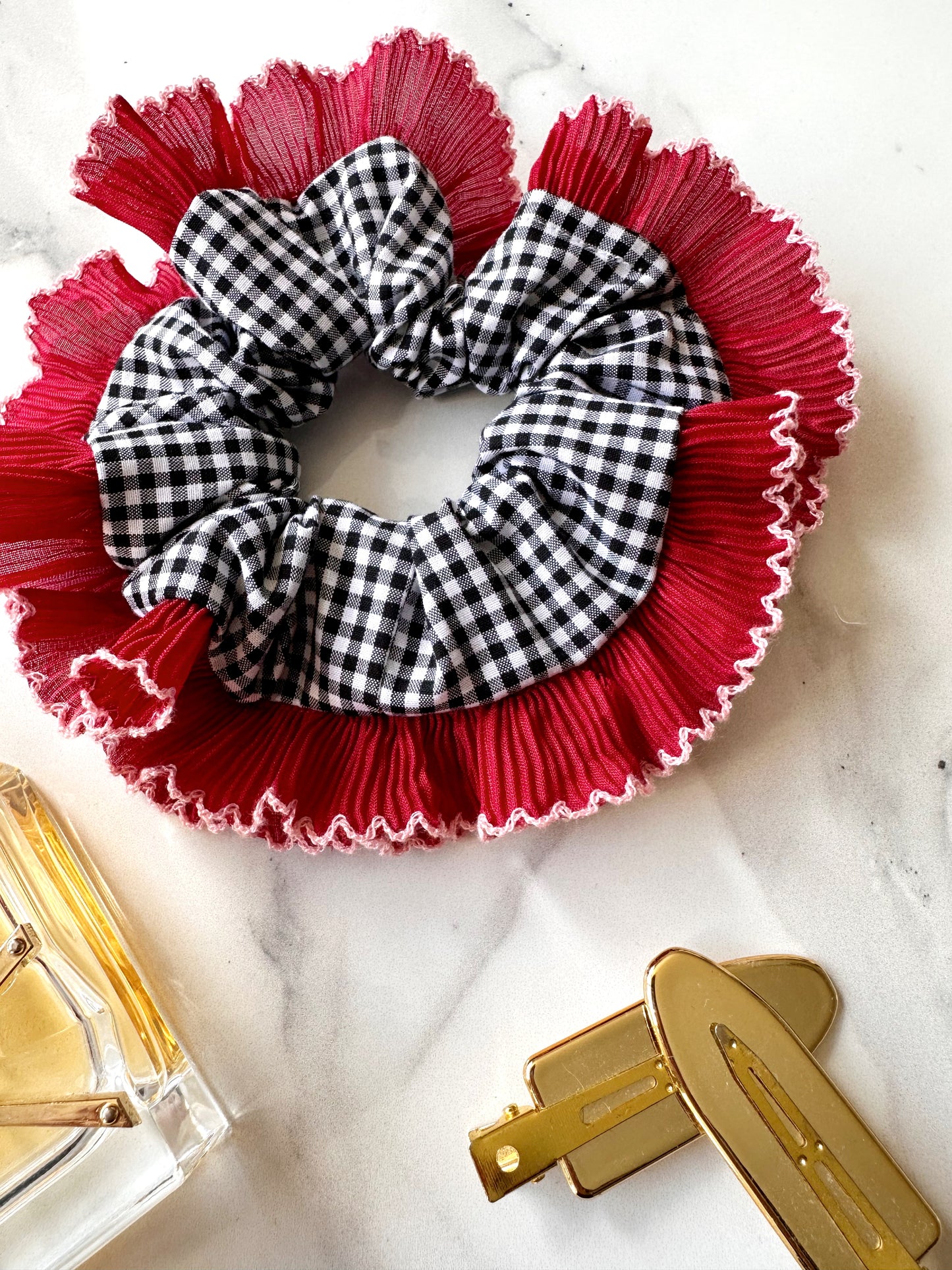 Handmade XL Black Gingham Scrunchie with Red and Pink Frill Trim