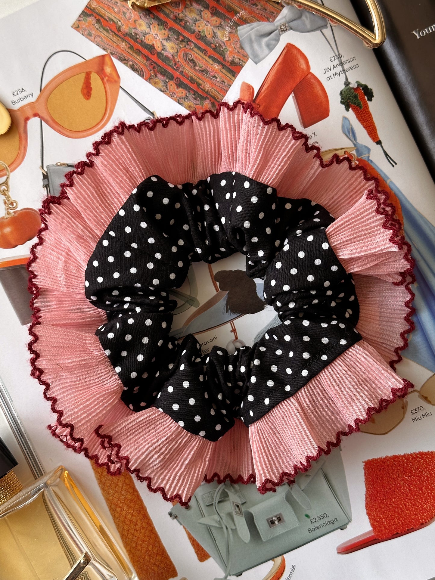 Oversized Black Polkadot Scrunchie with Pink Frill Trim