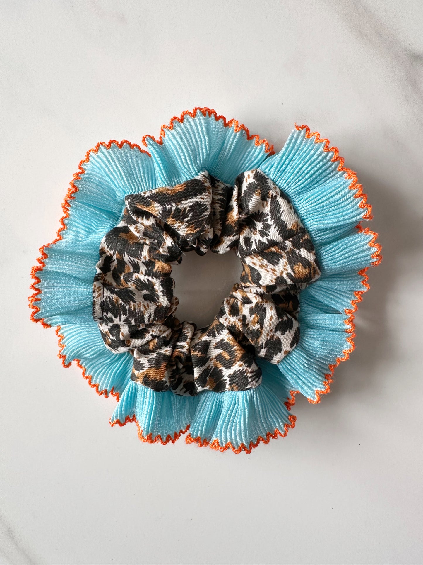Mini Oversized Leopard Print Scrunchie with a Blue Frill Trim