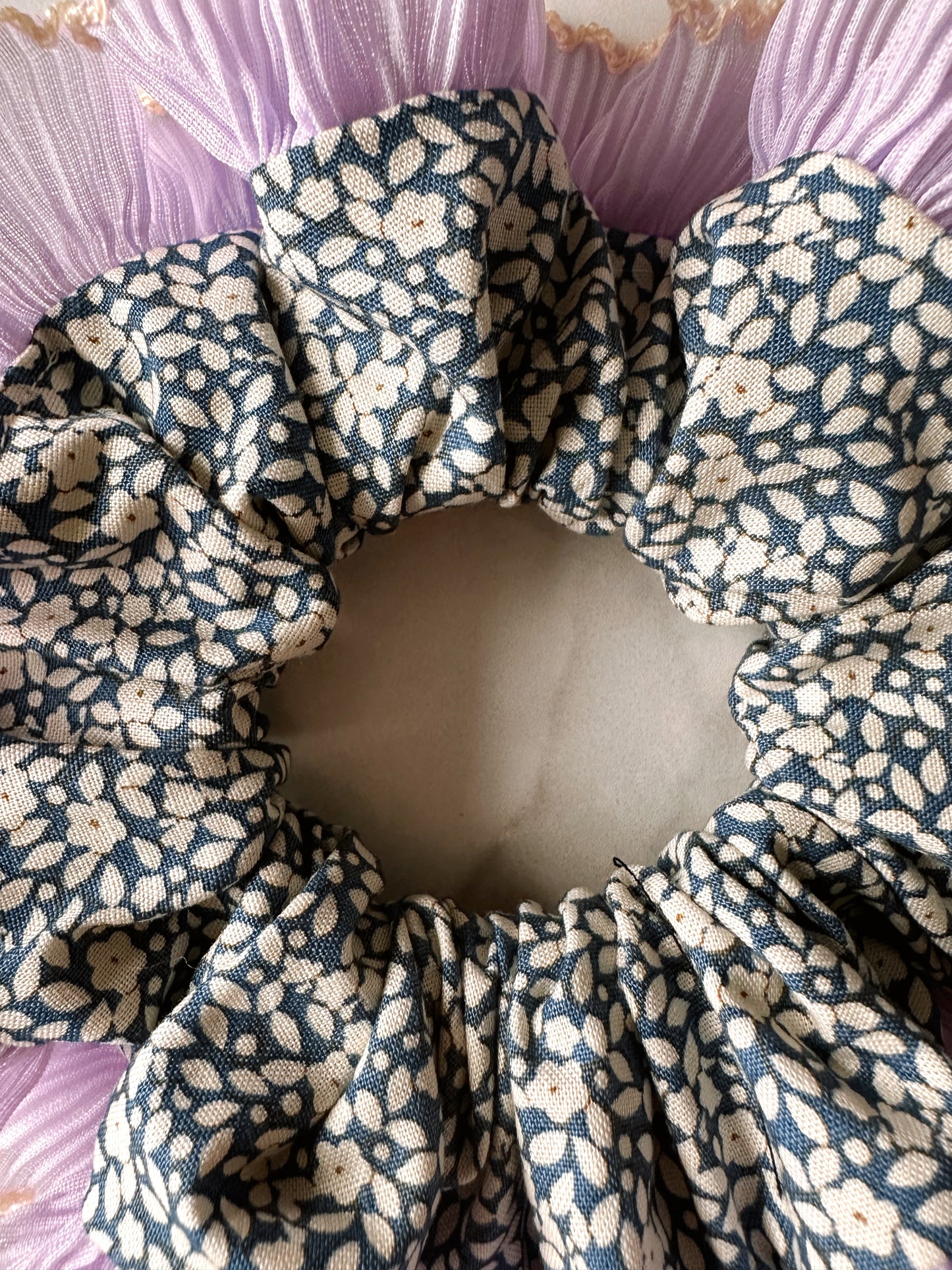 XL Blue Floral Scrunchie with Purple and White Frill Trim