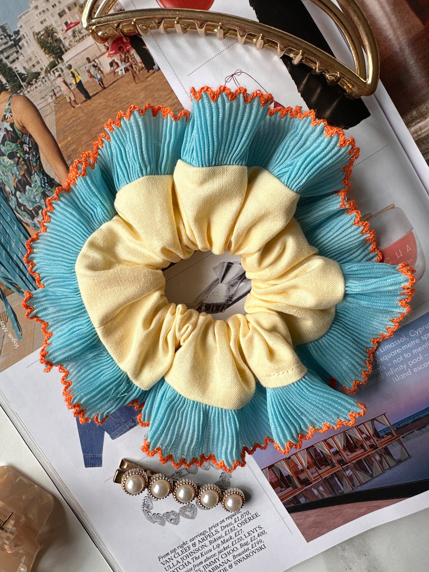 Mini Oversized Butter Yellow Scrunchie with Blue Frill Trim