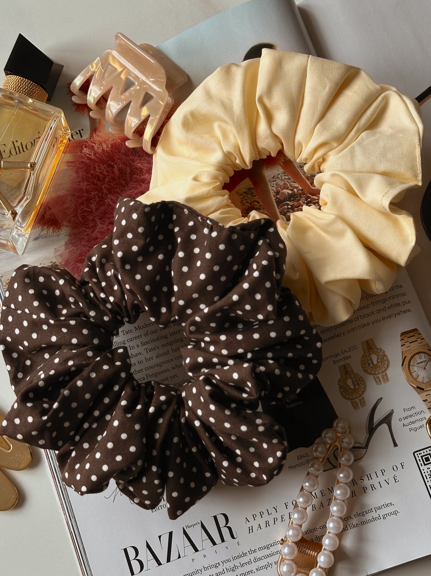 Brown Polkadot & Butter Yellow Scrunchie Duo