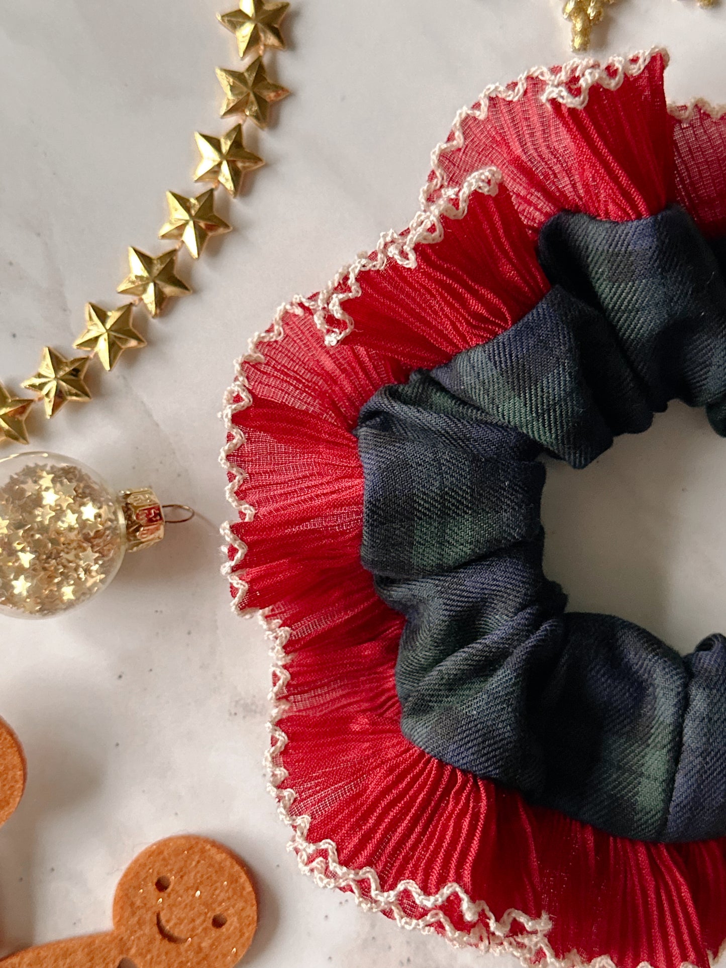 Blue and Green Tartan Scrunchie with Red and White Frill Trim