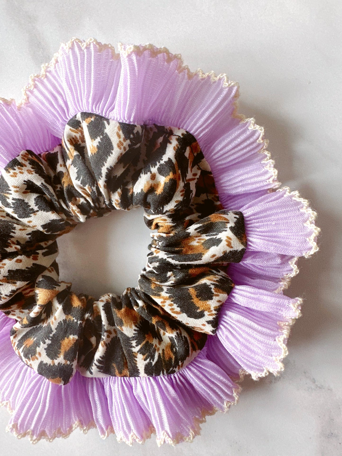 Mini Oversized Leopard Print Scrunchie with a Purple Frill Trim