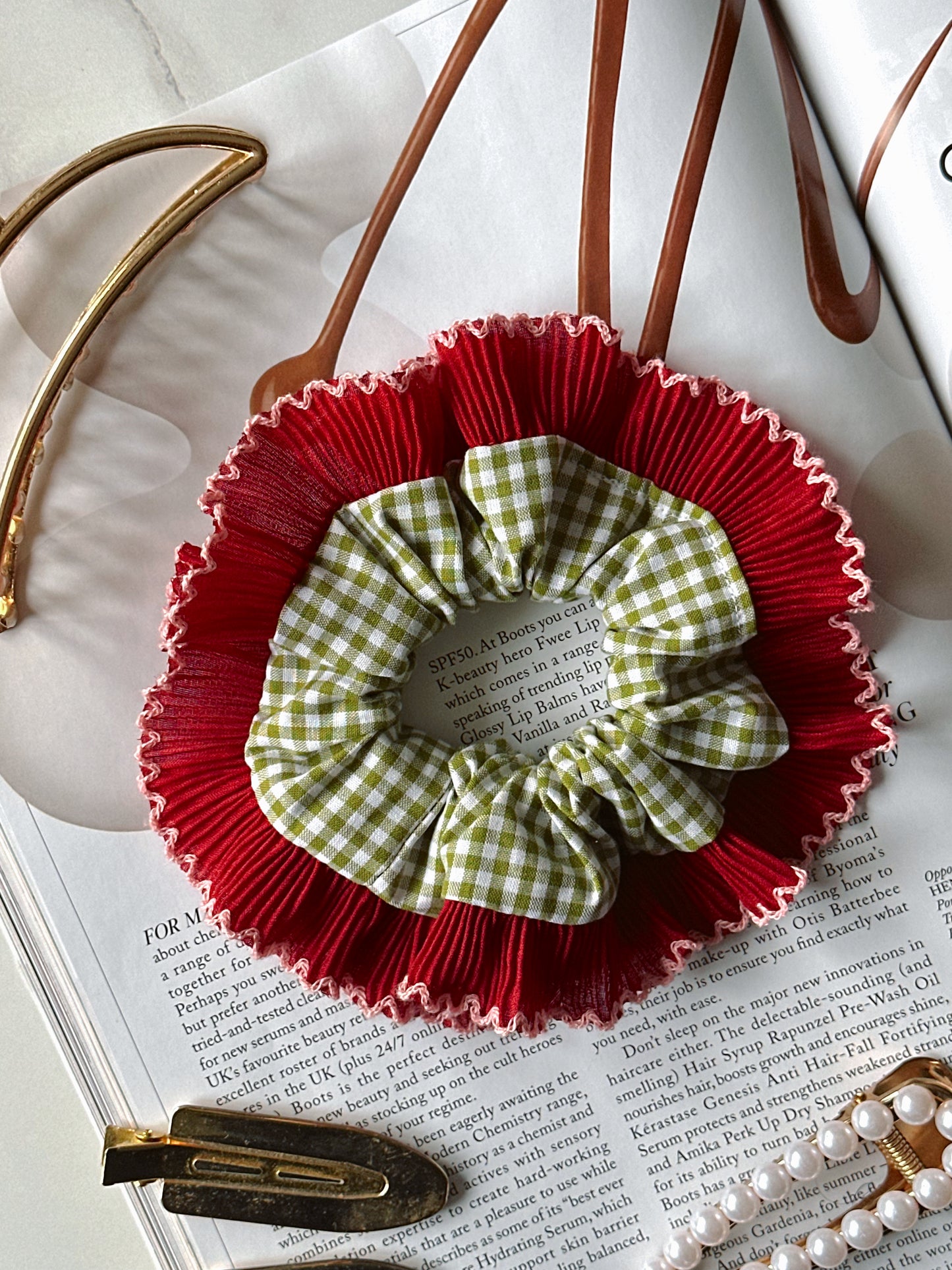 Mini Olive Green Gingham Scrunchie with Red Frill Trim