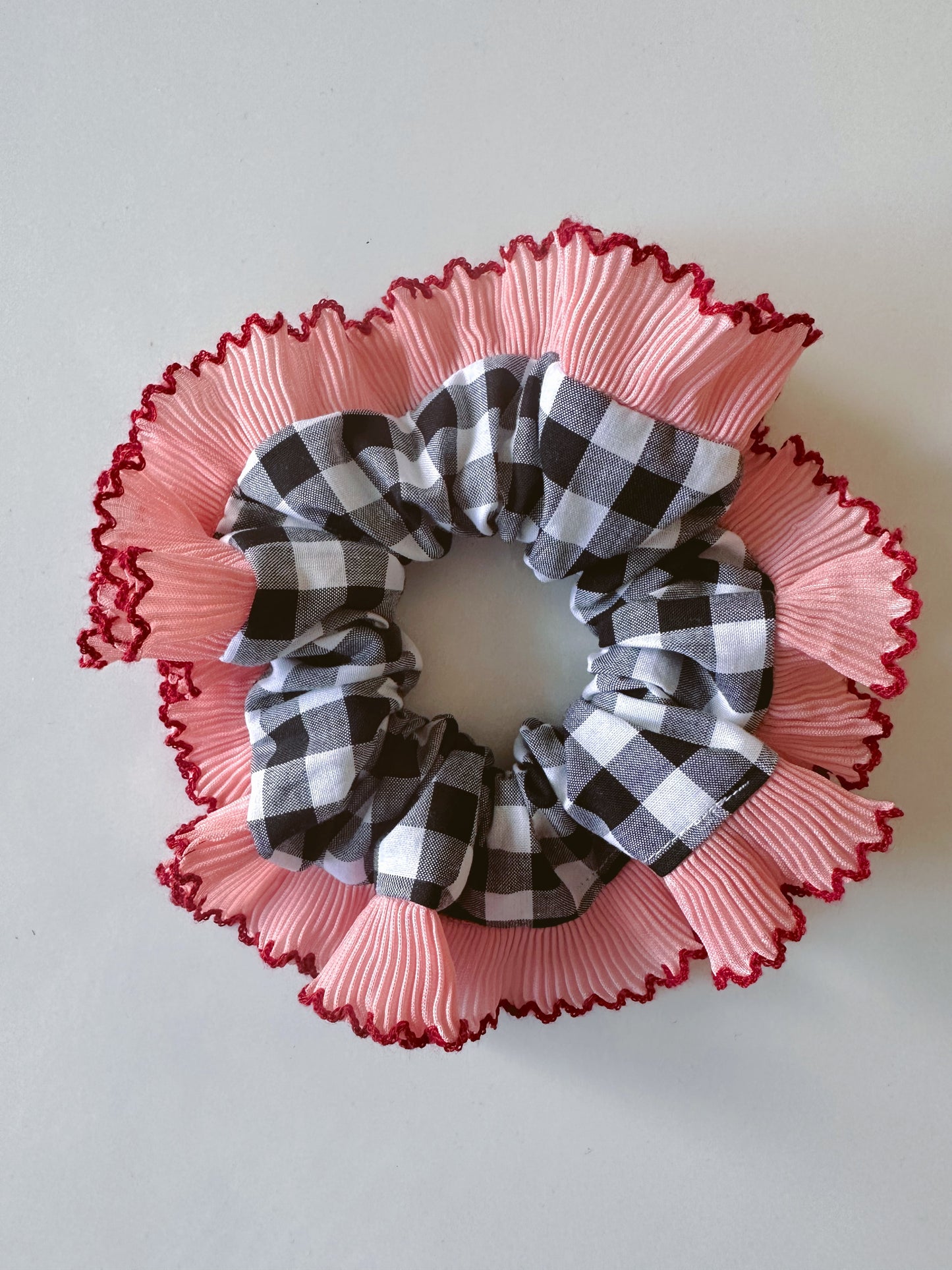 Handmade XL Black Gingham Scrunchie with Pink and Red Frill Trim