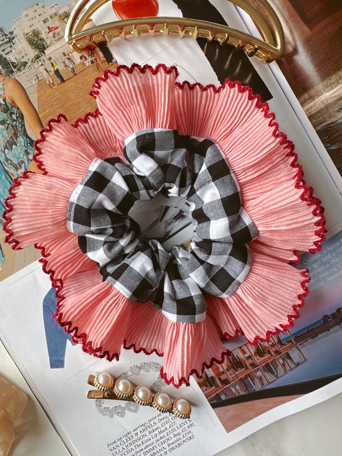 Mini Oversized Black Gingham Scrunchie with Pink Frill Trim