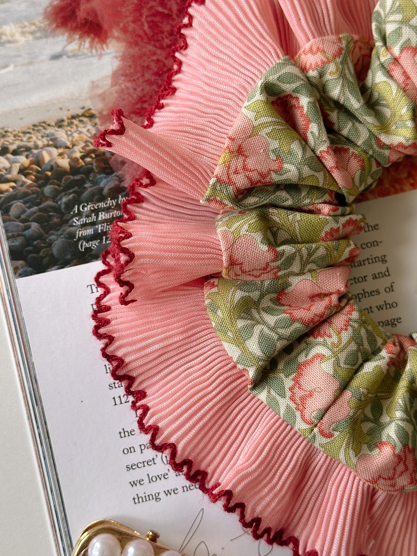 XL Victorian Floral Scrunchie with Pink and Red Frill Trim