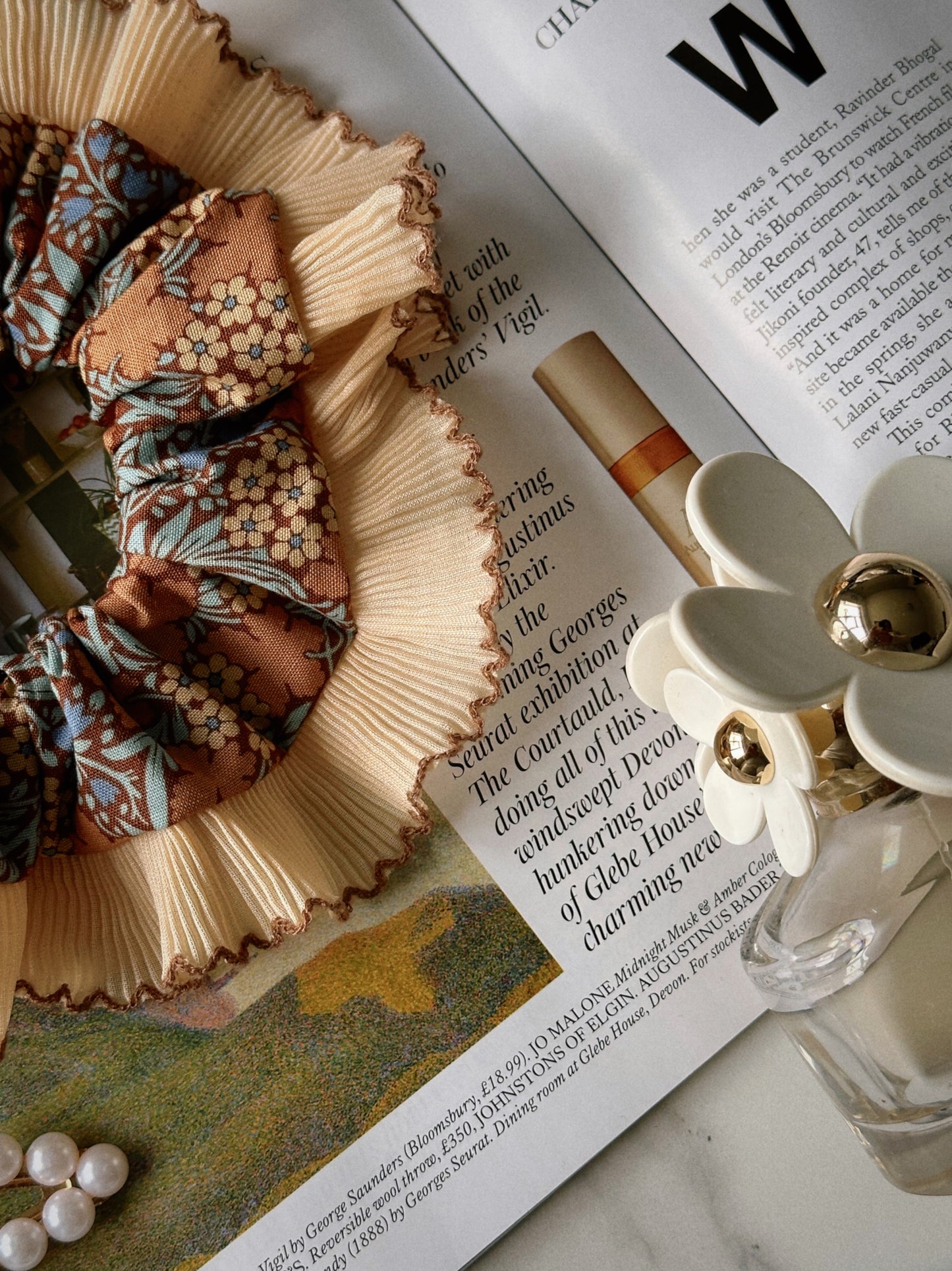 XL Brown Floral Scrunchie with Cream and Brown Frill Trim