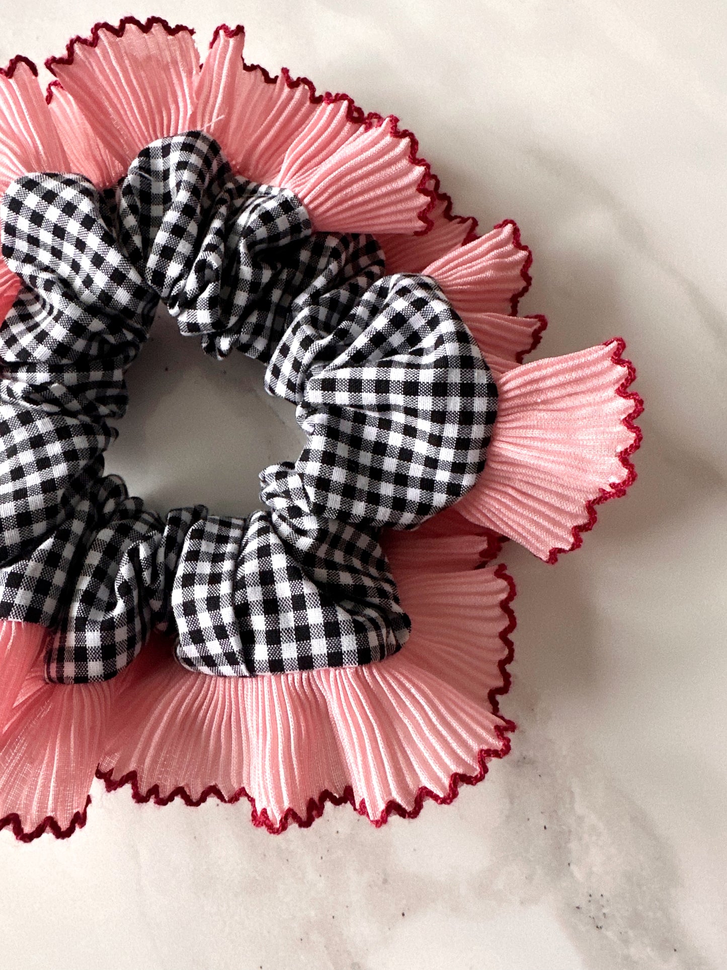 Handmade XL Black Gingham Scrunchie with Pink and Red Frill Trim
