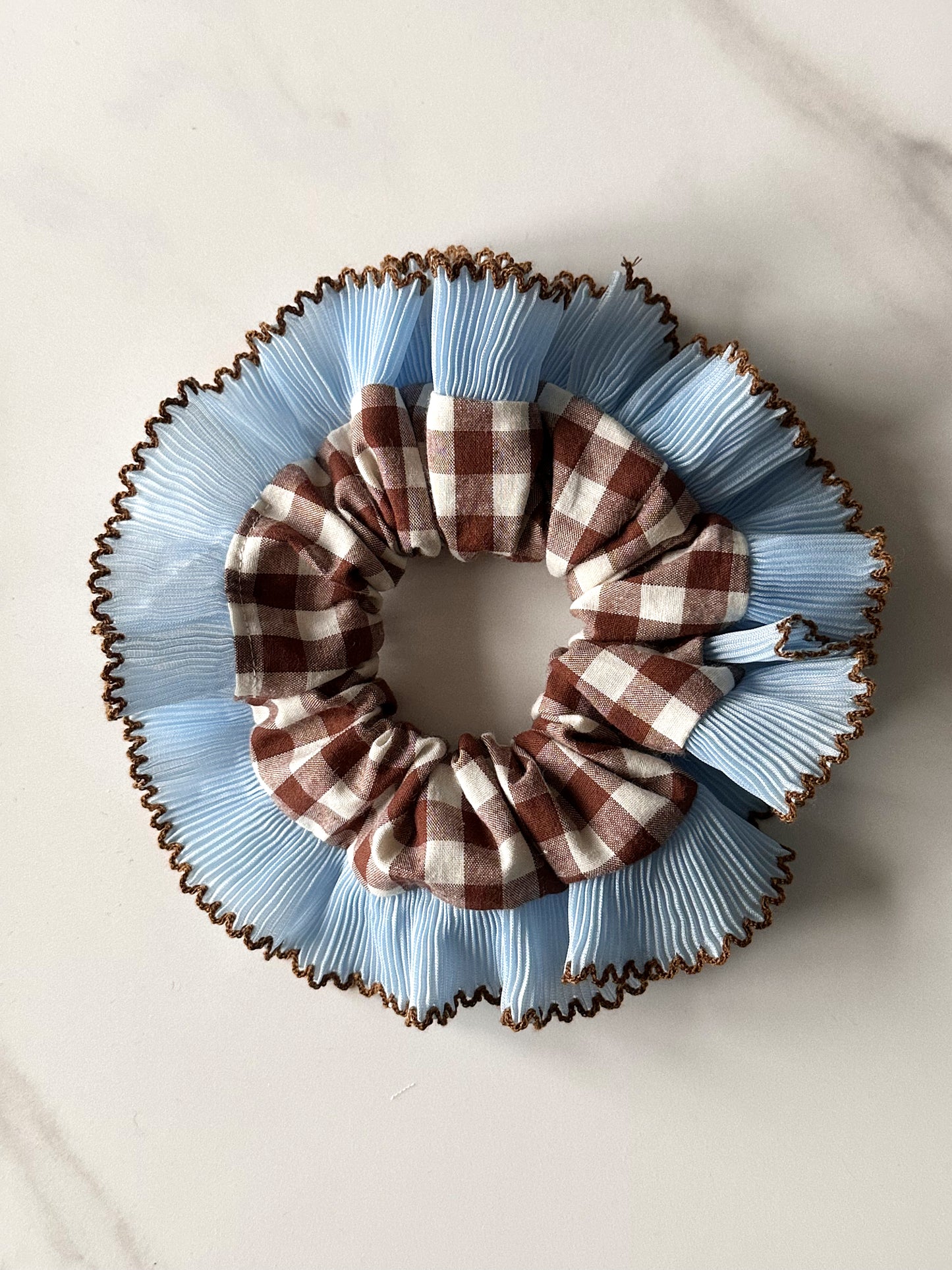 Handmade XL Brown Gingham Scrunchie with Blue and Brown Frill Trim