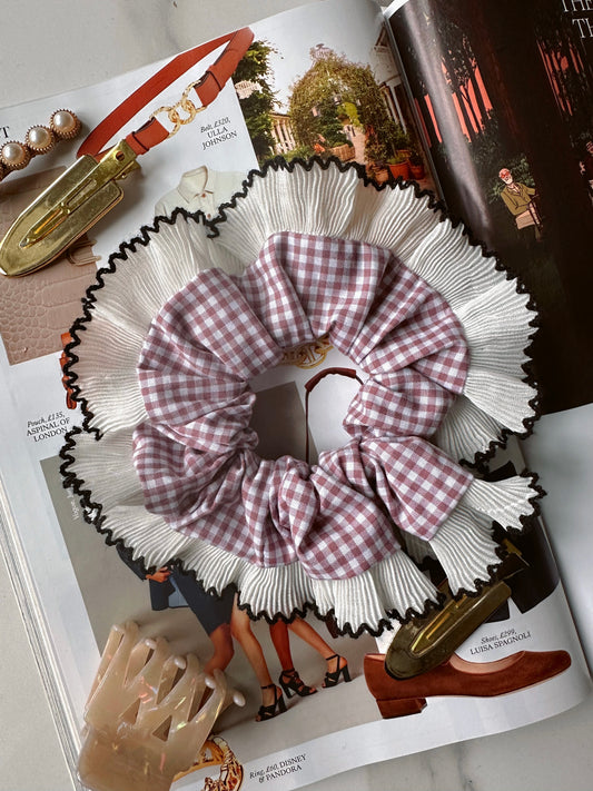 Handmade XL Rose Gingham Scrunchie with White and Black Frill Trim