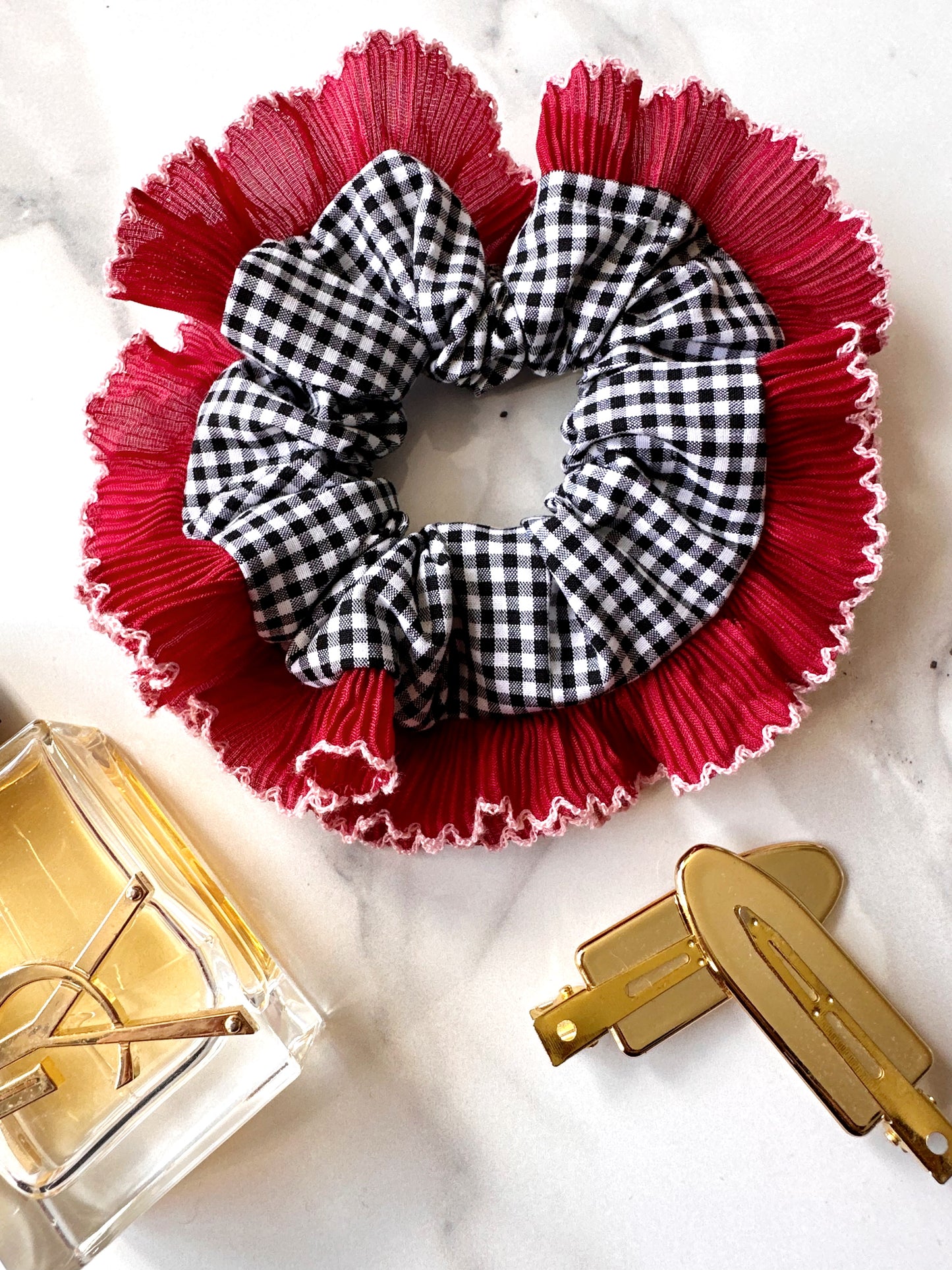Handmade XL Black Gingham Scrunchie with Red and Pink Frill Trim