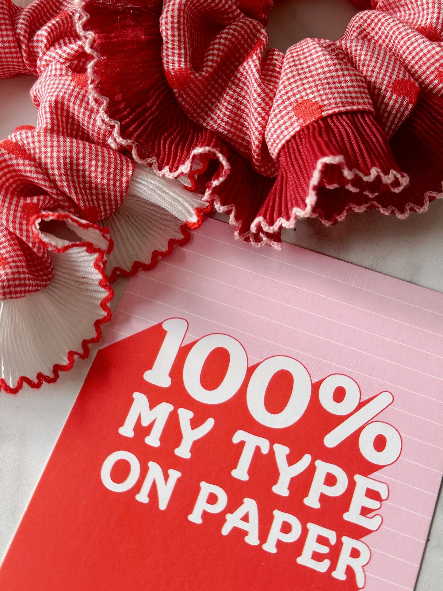 XL Valentines Gingham Scrunchie with White and Red Frill Trim