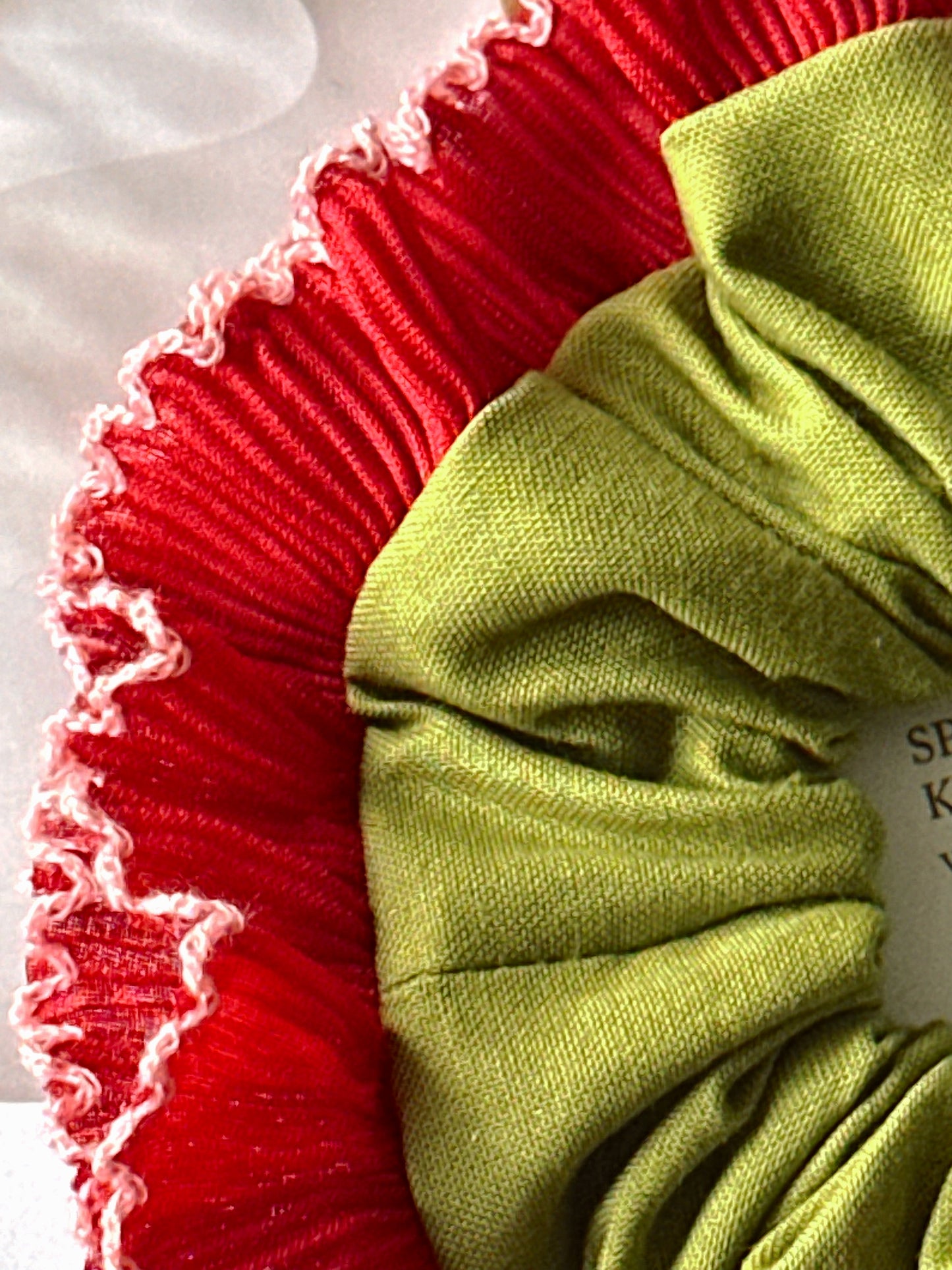 Handmade XL Olive Green Scrunchie with Red Frill Trim