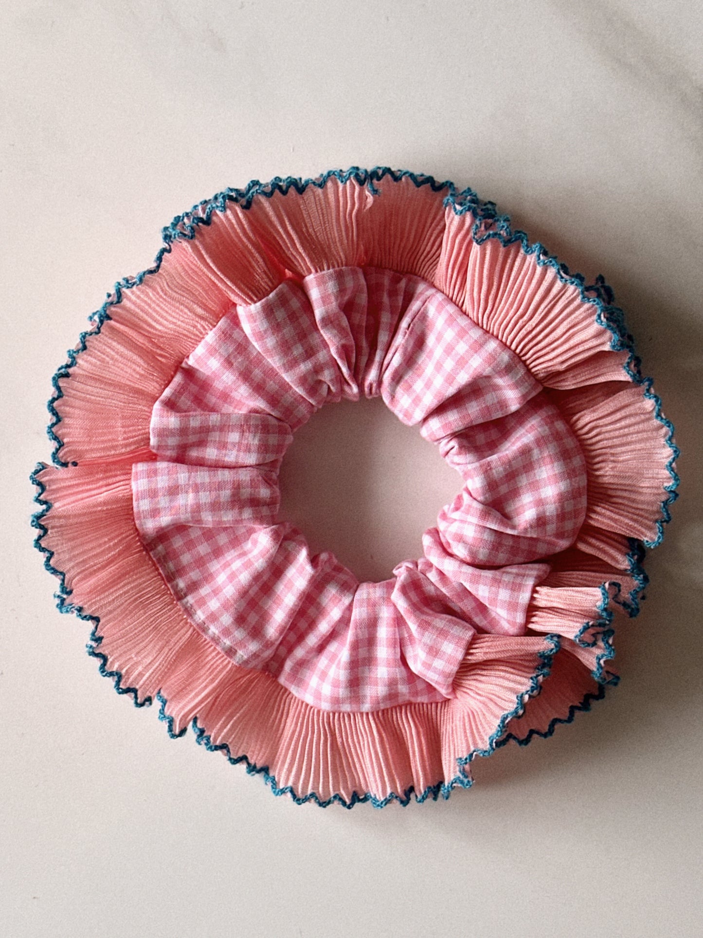 XL Pink Gingham Scrunchie with Pink and Blue Frill Trim