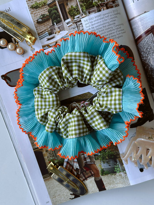Olive Green Gingham Scrunchie with Blue and Orange Trim