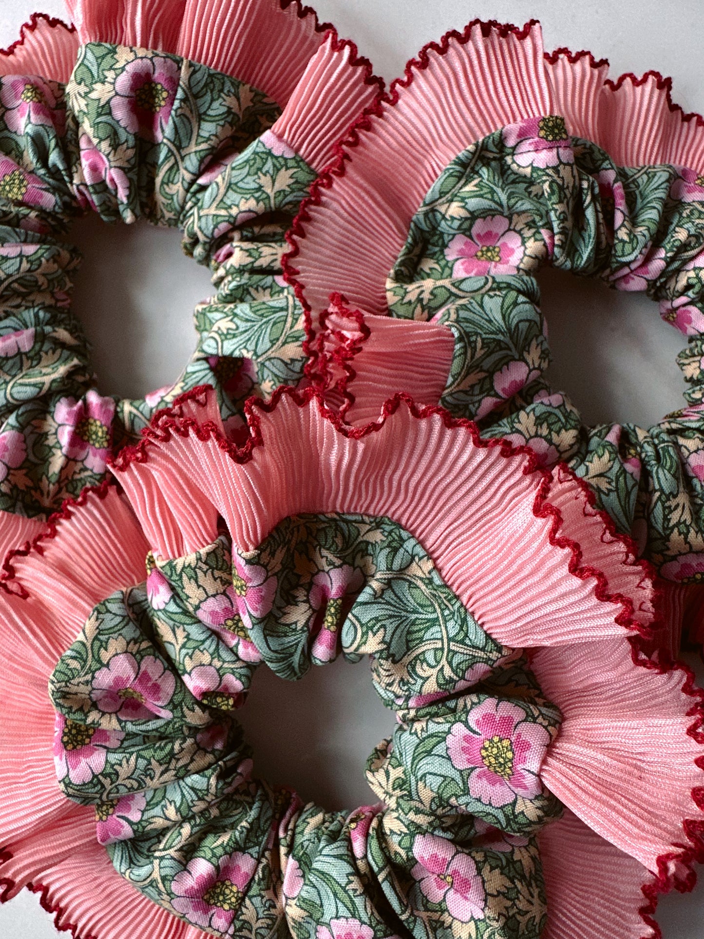 XL Floral Scrunchie with Pink and Red Frill Trim