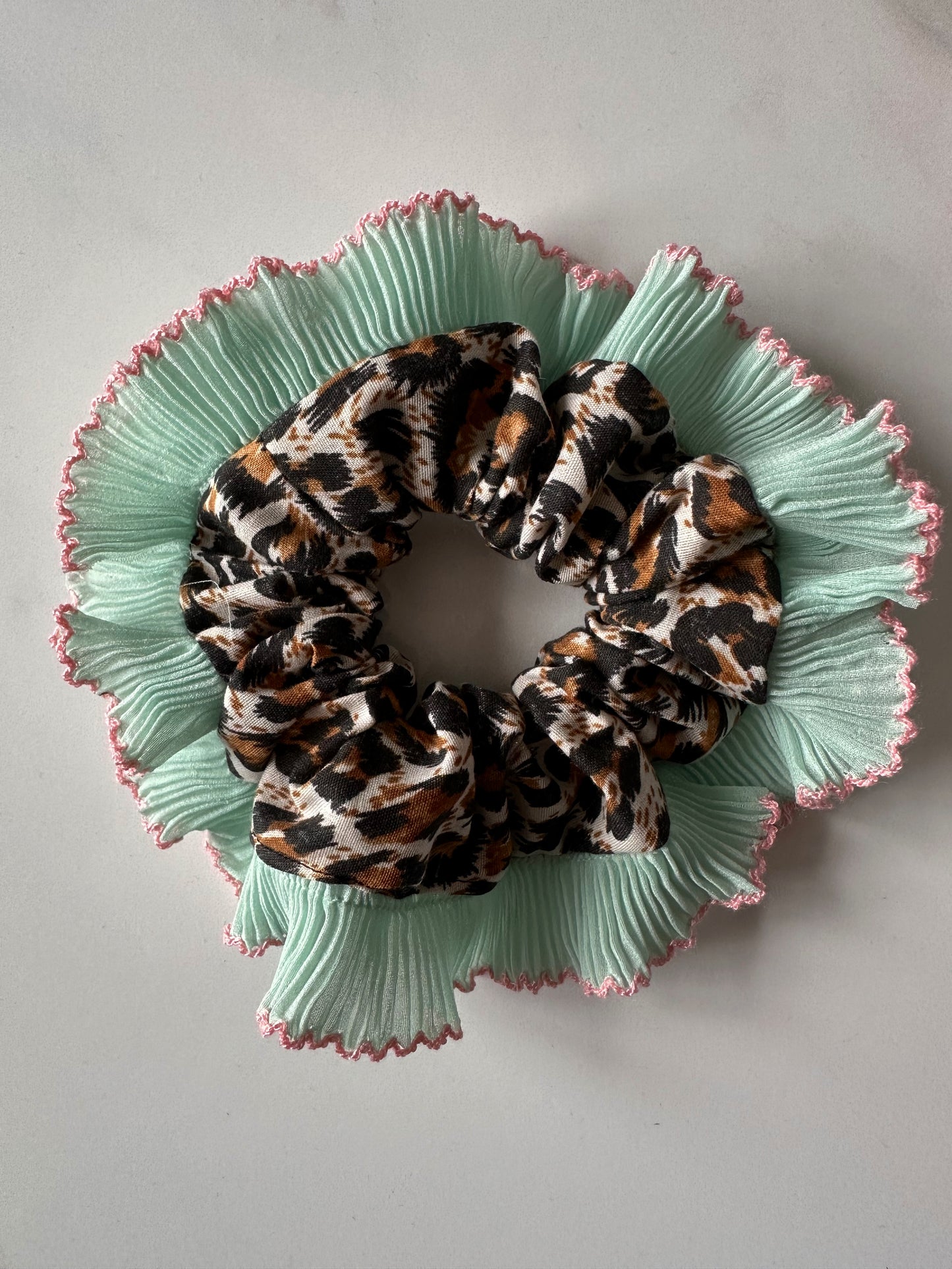Mini Oversized Leopard Print Scrunchie with a Mint Green Frill Trim