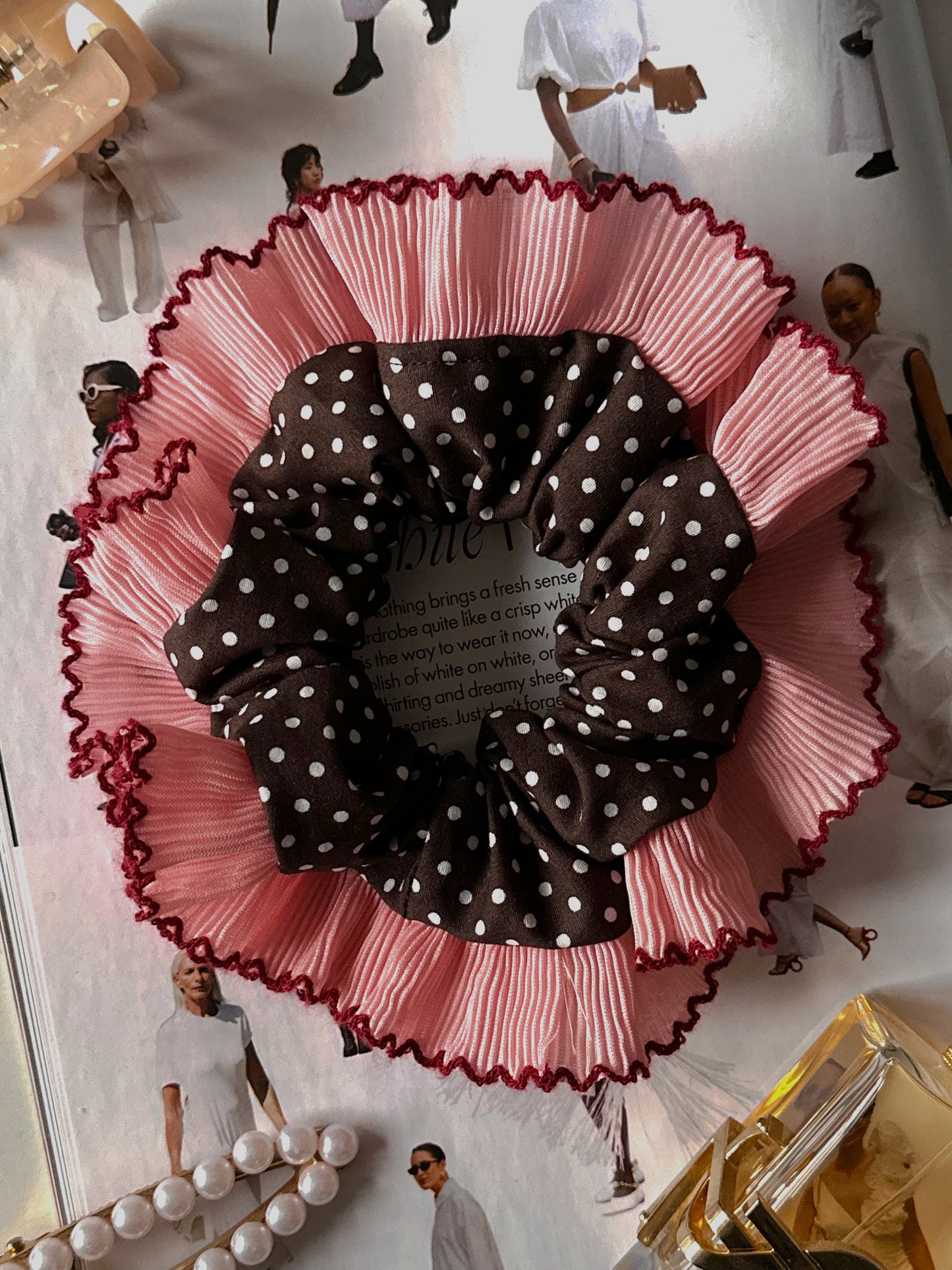 Oversized Dark Brown Polkadot Scrunchie with Pink Frill Trim