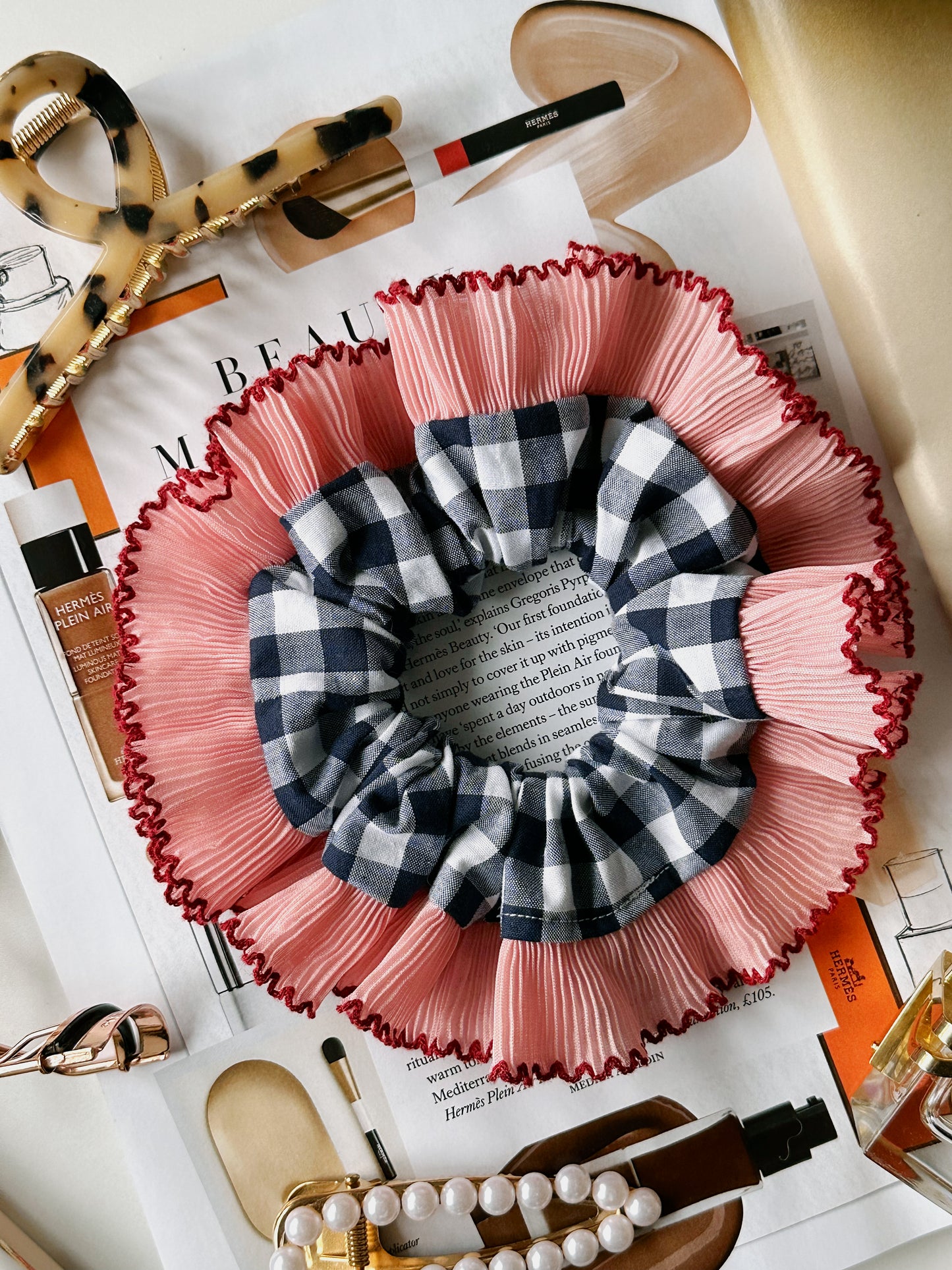 Handmade XL Navy Blue Gingham Scrunchie with Pink Frill Trim