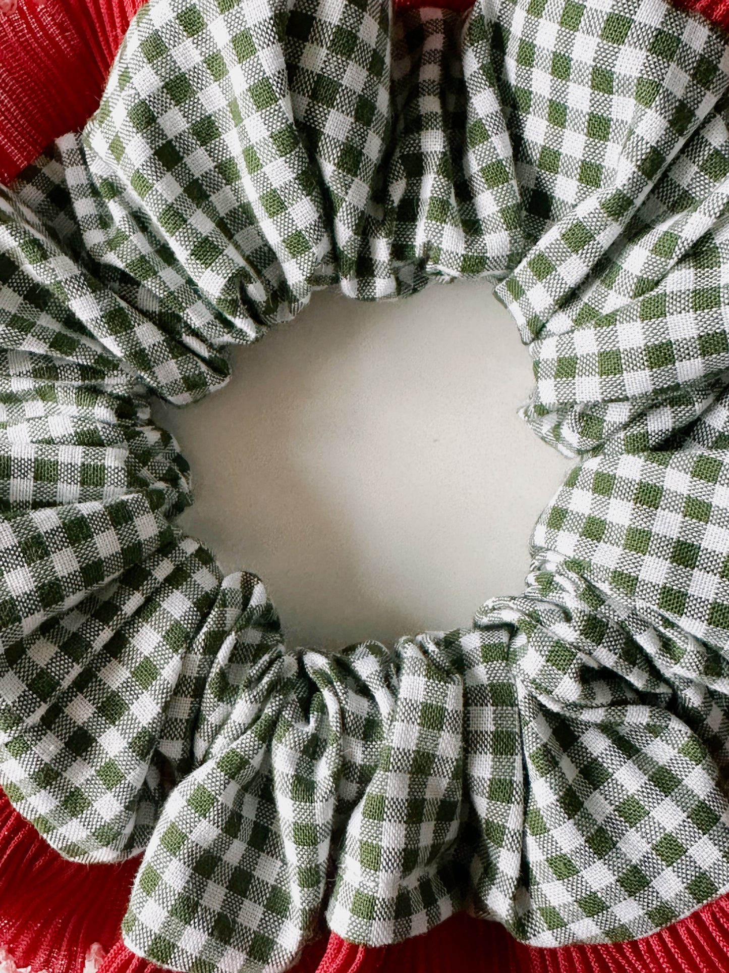 Handmade XL Dark Green Gingham Scrunchie with Red Frill Trim
