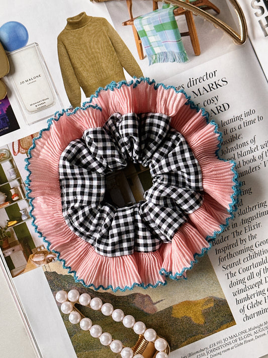 Smaller Oversized Black Gingham Scrunchie with Pink and Blue Frill Trim