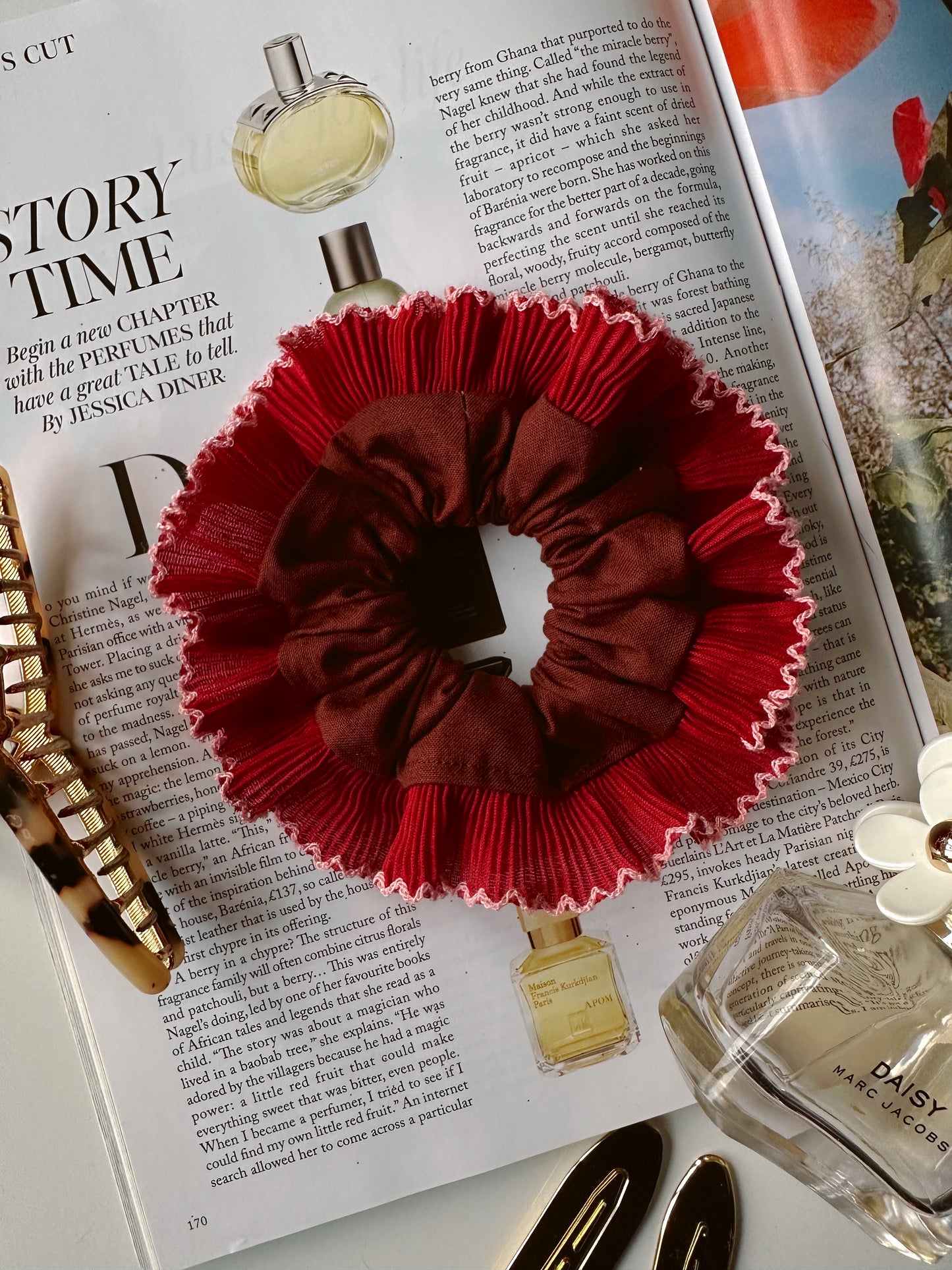 Smaller Oversized Brown Scrunchie with Red Frill Trim