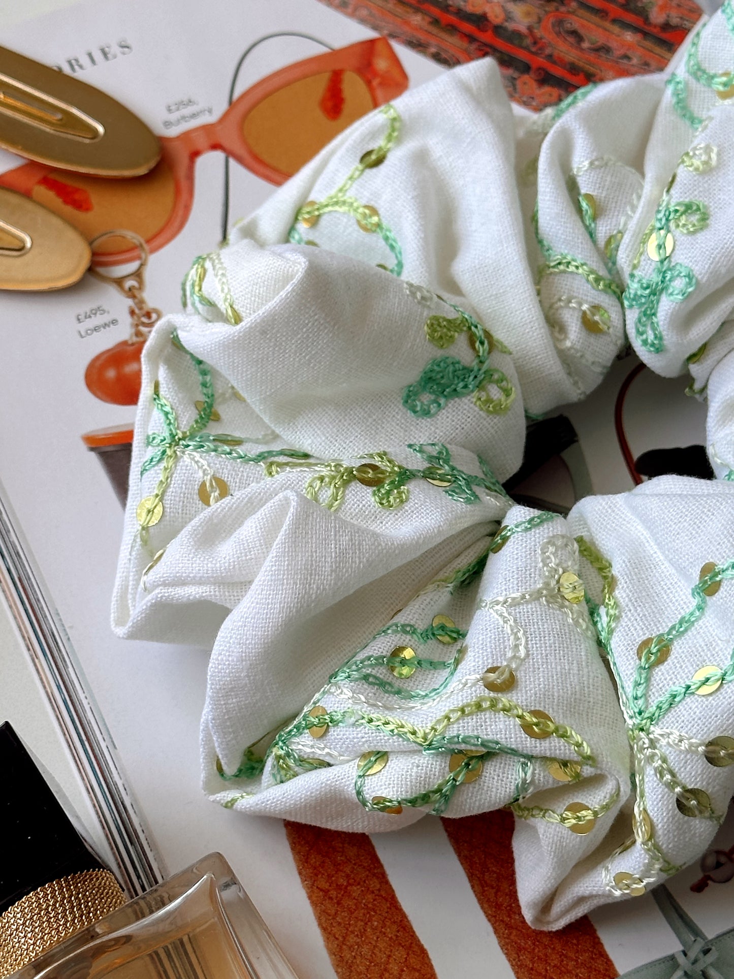 White Linen Scrunchie with Green Sequinned Embroidery
