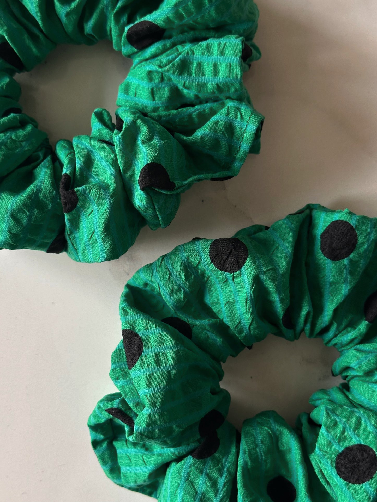 XL Green and Black Polkadot and Striped Scrunchie