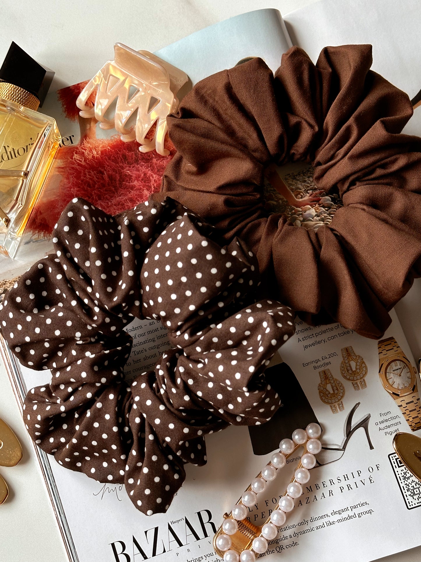 Chocolate Brown Polkadot & Brown Scrunchie Duo