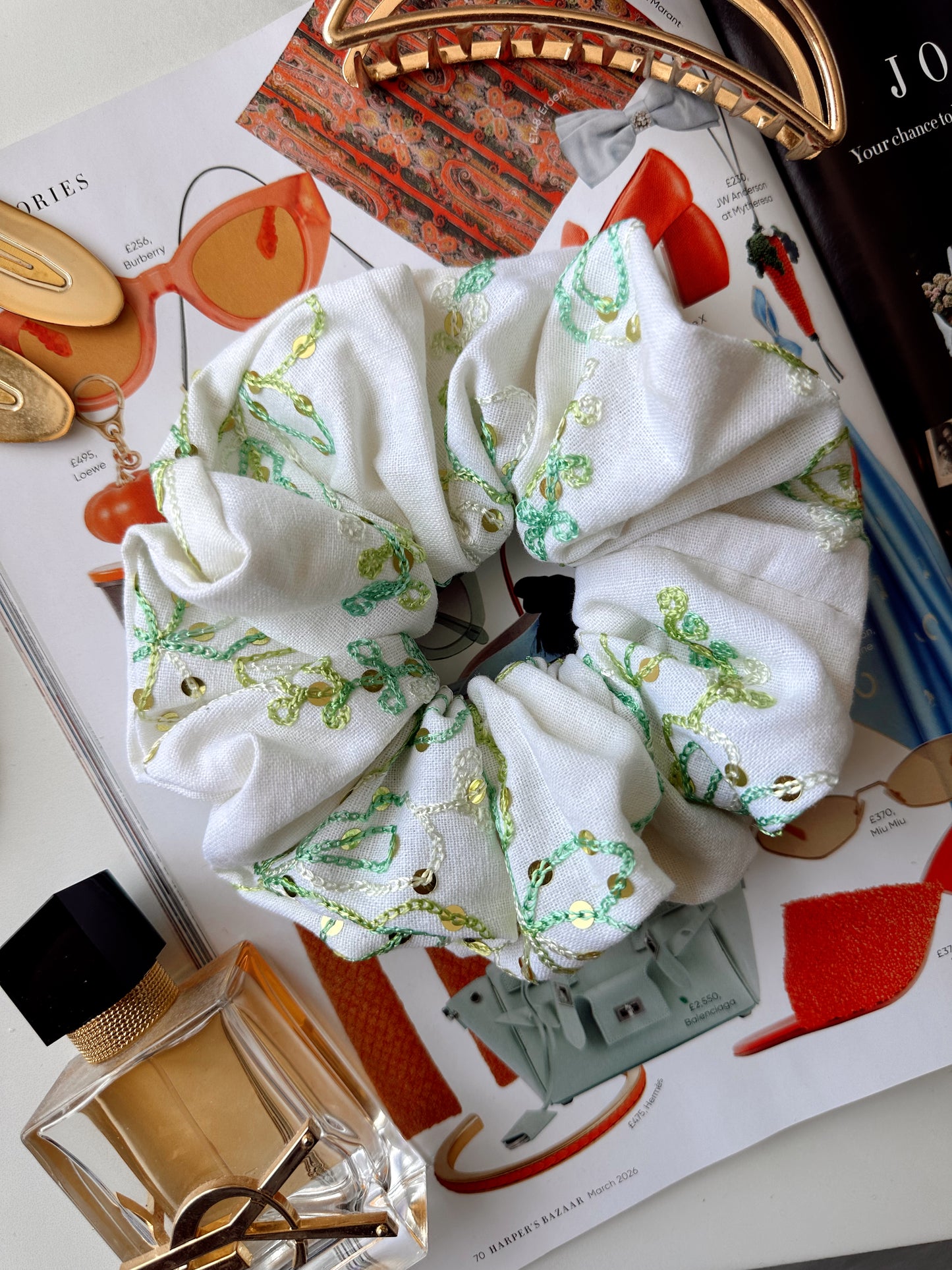 White Linen Scrunchie with Green Sequinned Embroidery