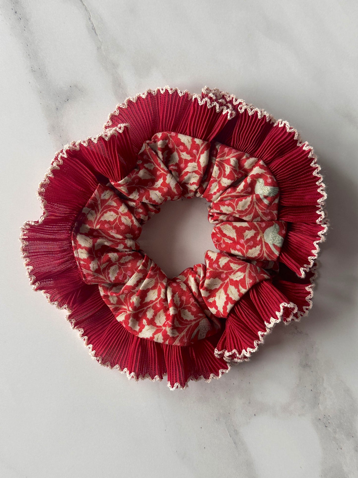 Red Christmas Print Scrunchie with Red and White Frill Trim