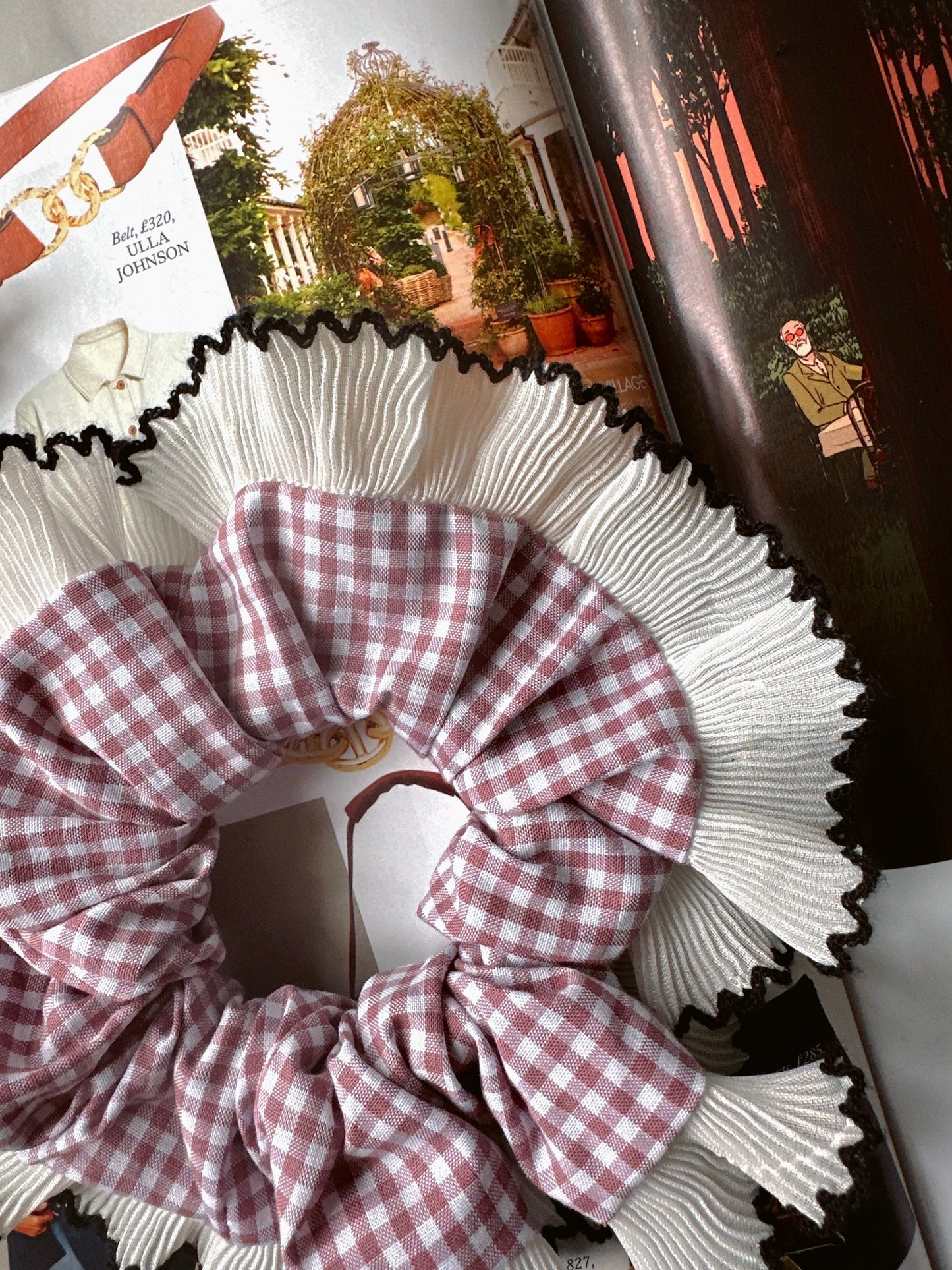 Handmade XL Rose Gingham Scrunchie with White and Black Frill Trim