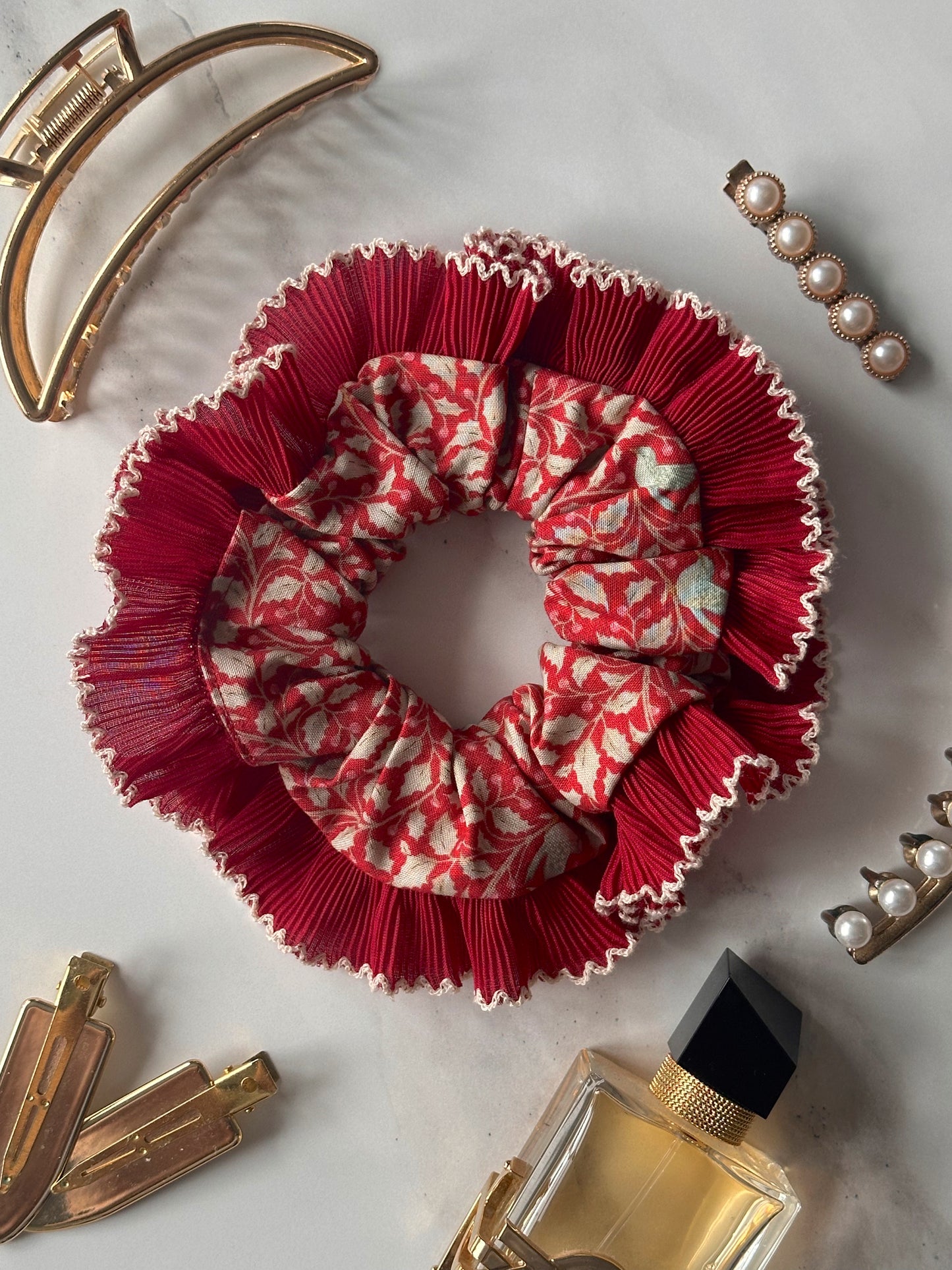 Red Christmas Print Scrunchie with Red and White Frill Trim