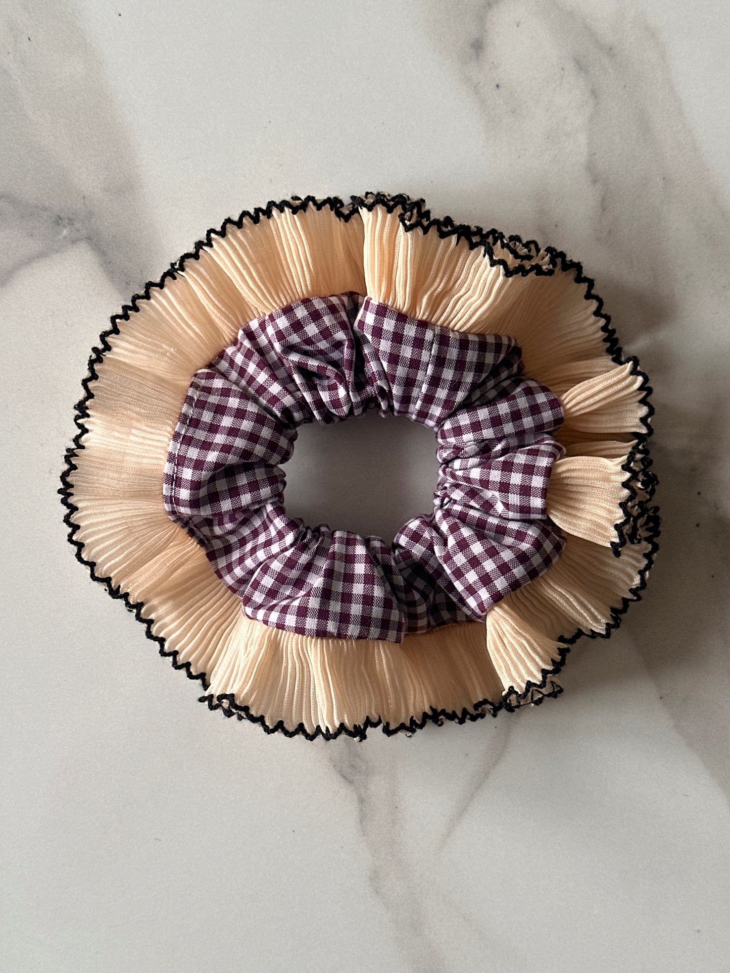Mini Mulberry Gingham Scrunchie with Cream Frill Trim